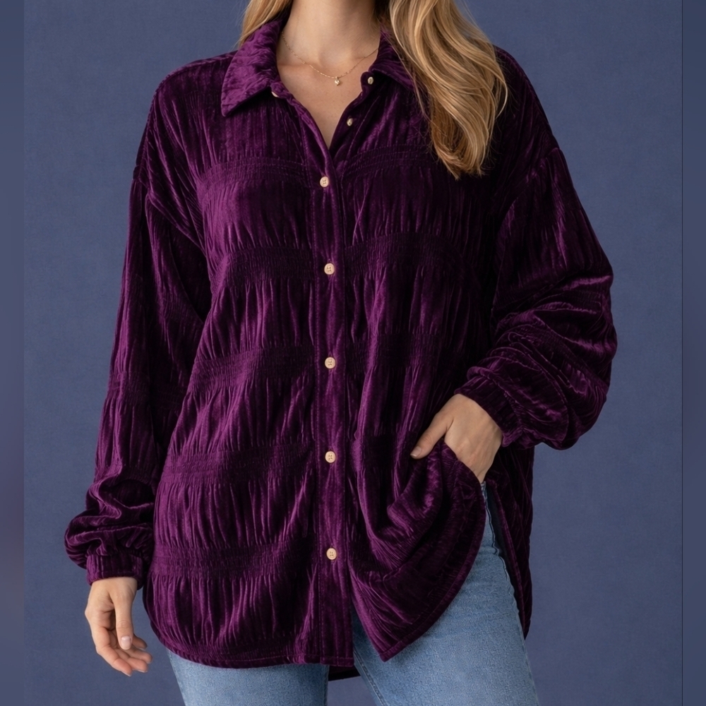 BIBI Purple Ruched Oversized Baggy Velvet Button-Up Shacket